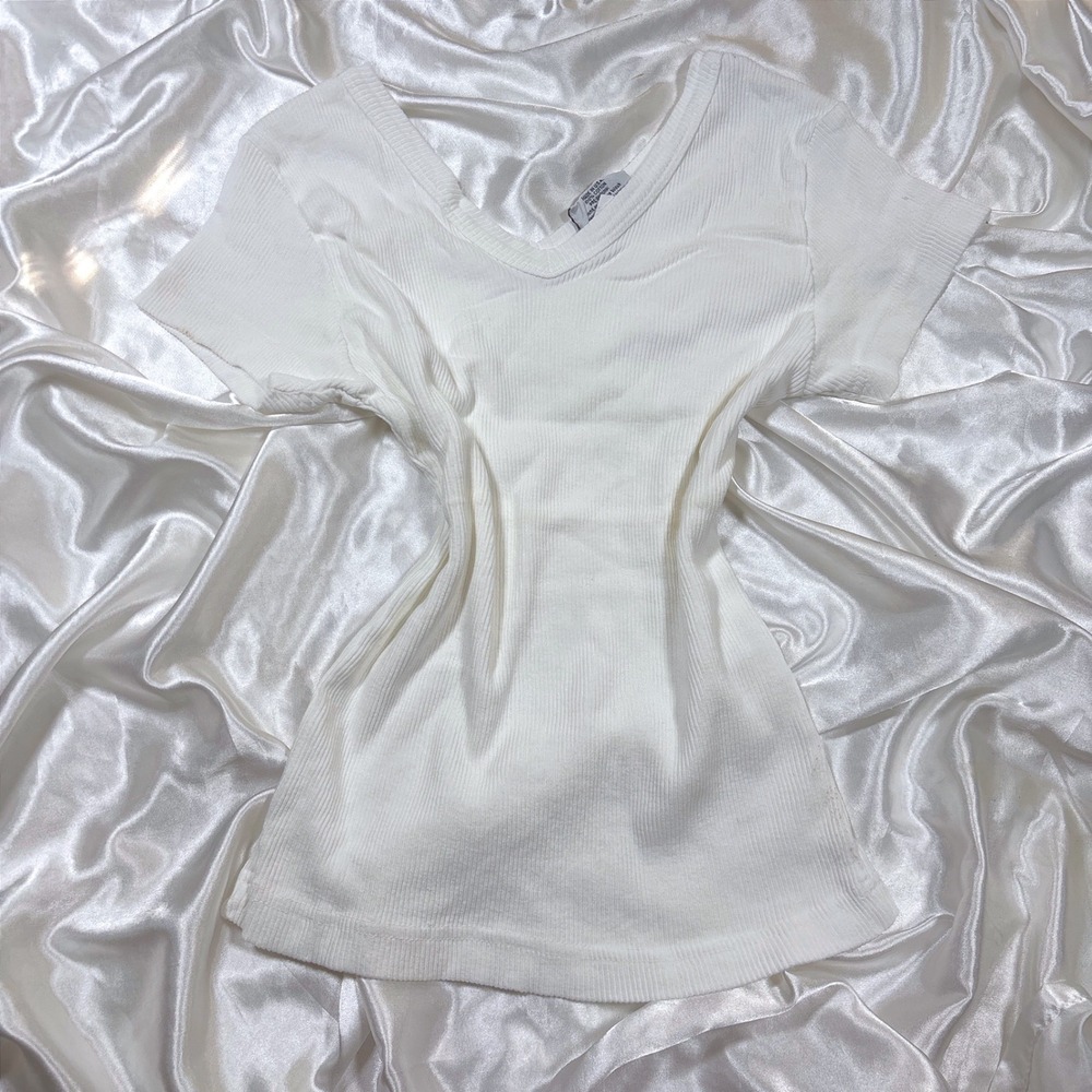 y2k Hard Tail Forever Tee White Excellent Ribbed V-Neck Short Sleeve Top OS